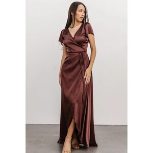 Baltic Born Satin Wrap Maxi Dress Short Sleeve Wedding Formal Silky Burgundy XL